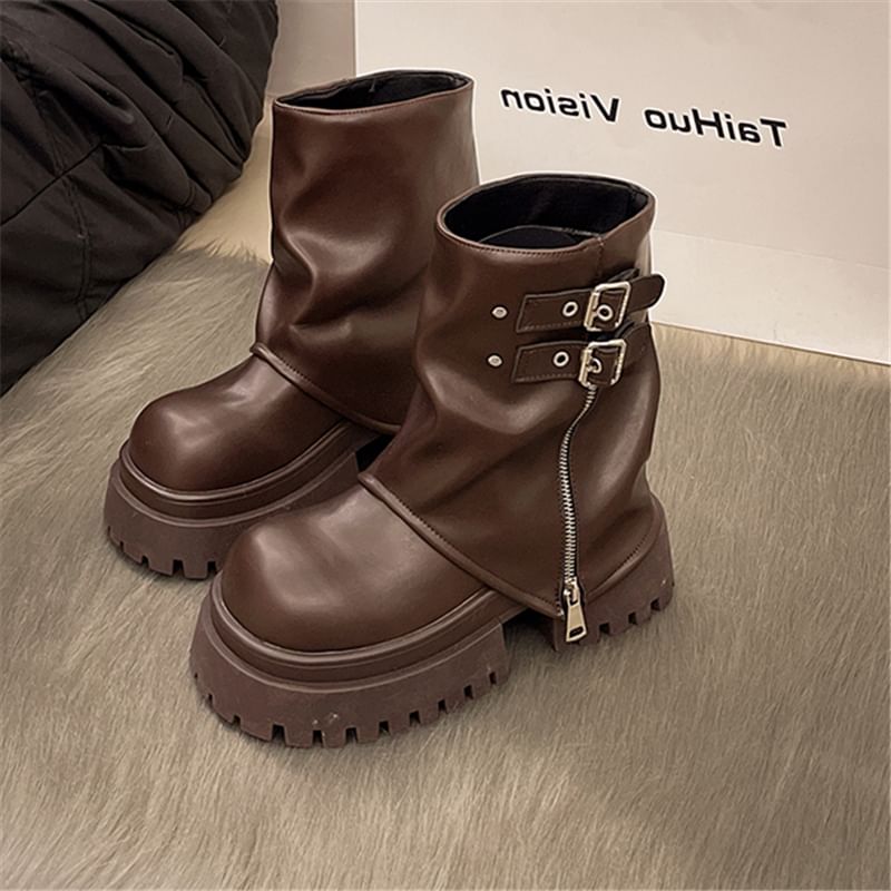 Boots Short Panel Zip Buckled Platform