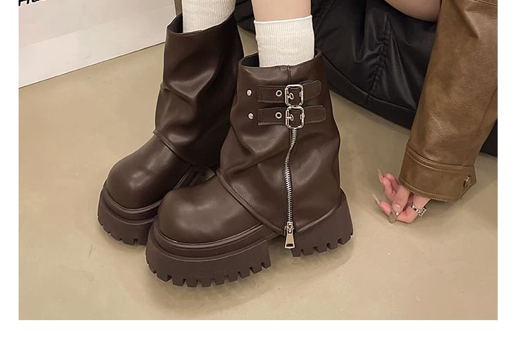 Boots Short Panel Zip Buckled Platform