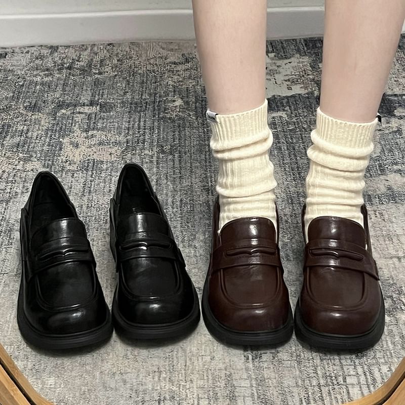 Leather Block Loafers Heel Faux
