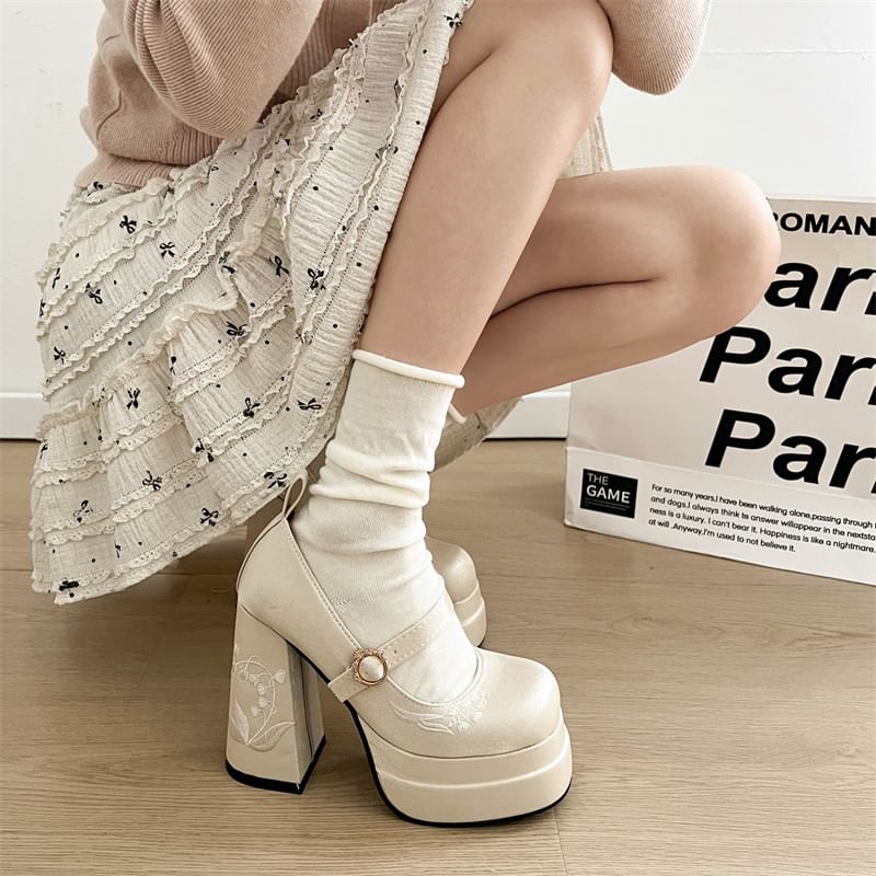 Pumps Mary Embroidered Jane Platform Bow Block Heel Floral