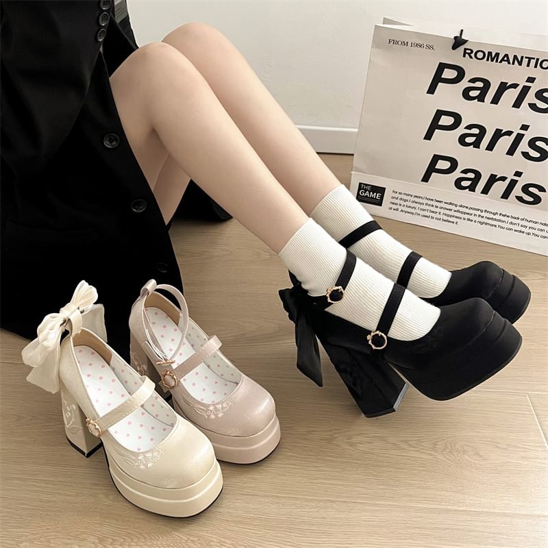 Pumps Mary Embroidered Jane Platform Bow Block Heel Floral