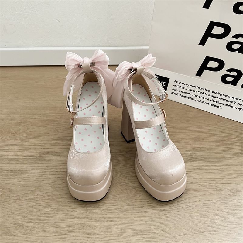 Pumps Mary Embroidered Jane Platform Bow Block Heel Floral