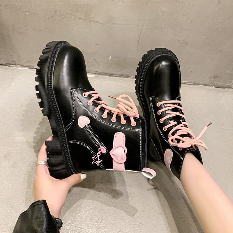 Boots Lace Short Panel Up Buckled Platform