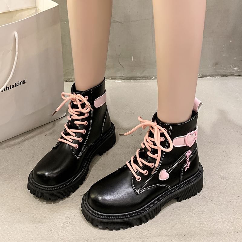 Boots Lace Short Panel Up Buckled Platform