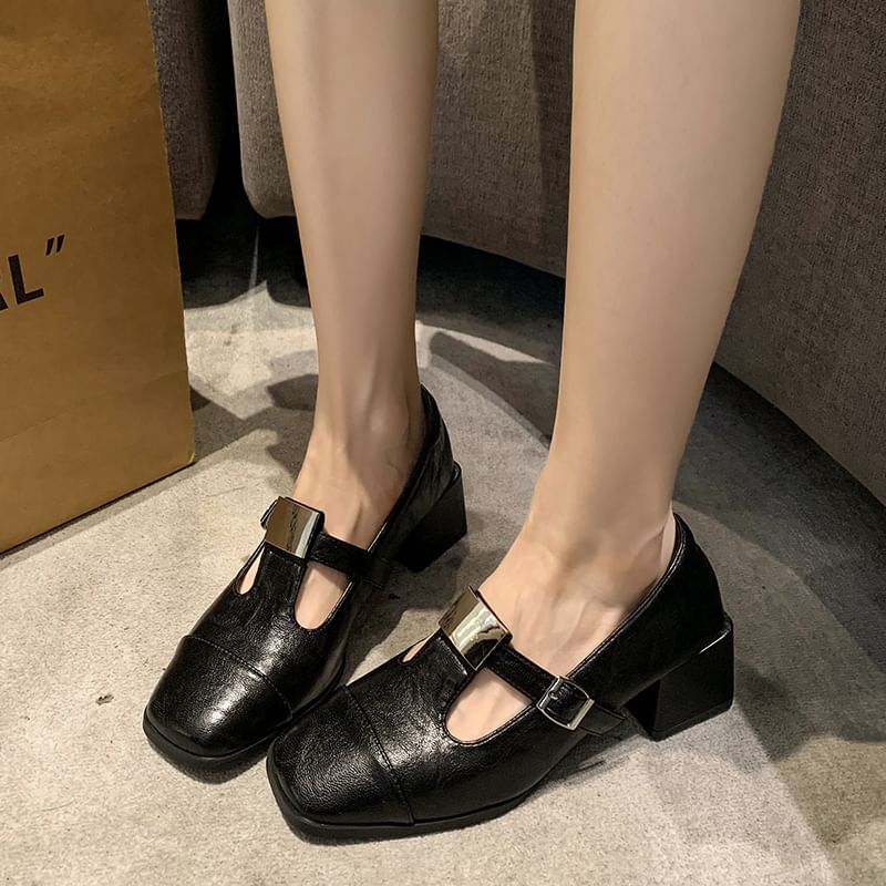 Toe Cap Square T-Strap Heel Block Pumps