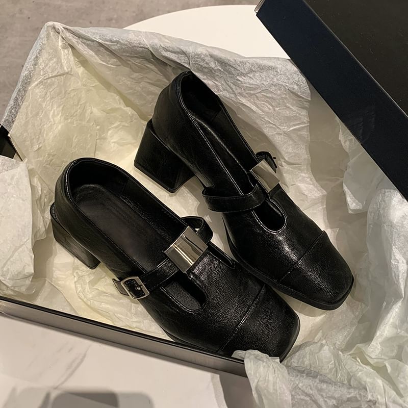 Toe Cap Square T-Strap Heel Block Pumps