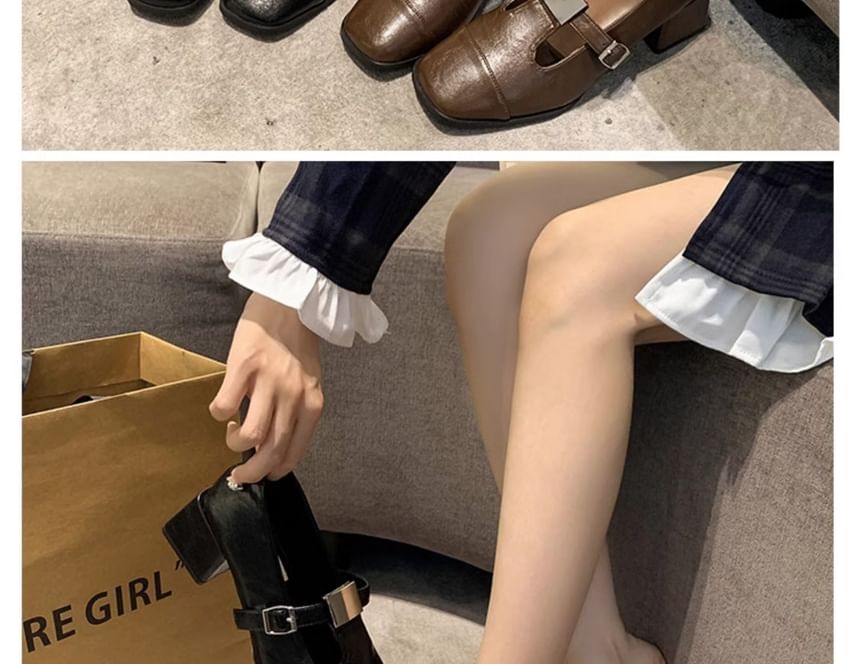 Toe Cap Square T-Strap Heel Block Pumps