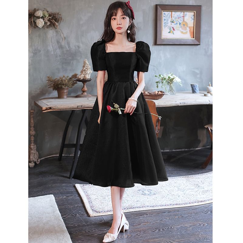 Square Evening Maxi Gown A-Line Neck Sleeve Plain Puff