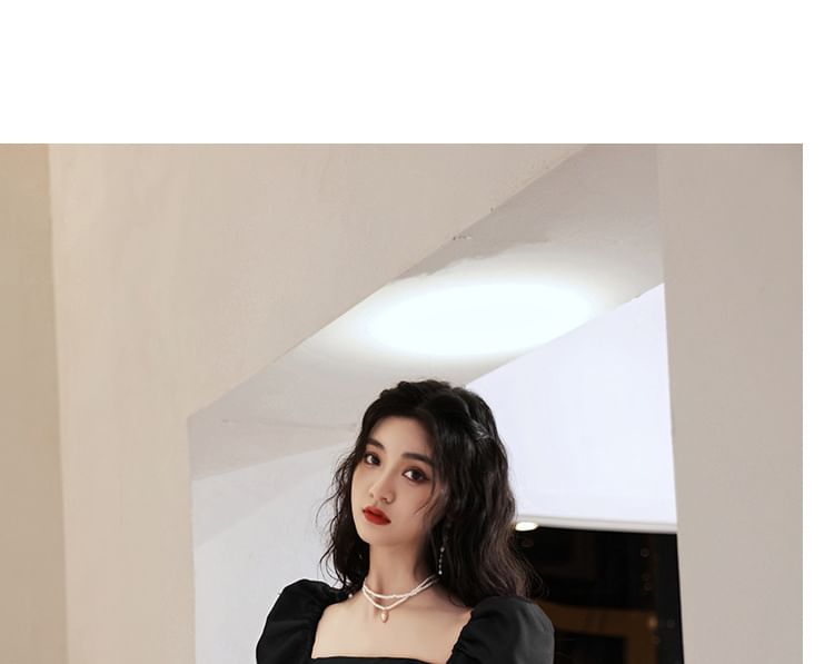 Square Evening Maxi Gown A-Line Neck Sleeve Plain Puff