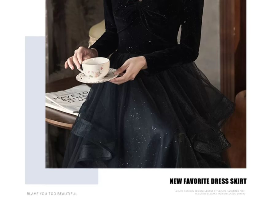 Plain Long-Sleeve Evening Gown Neck Glitter Sweetheart A-Line