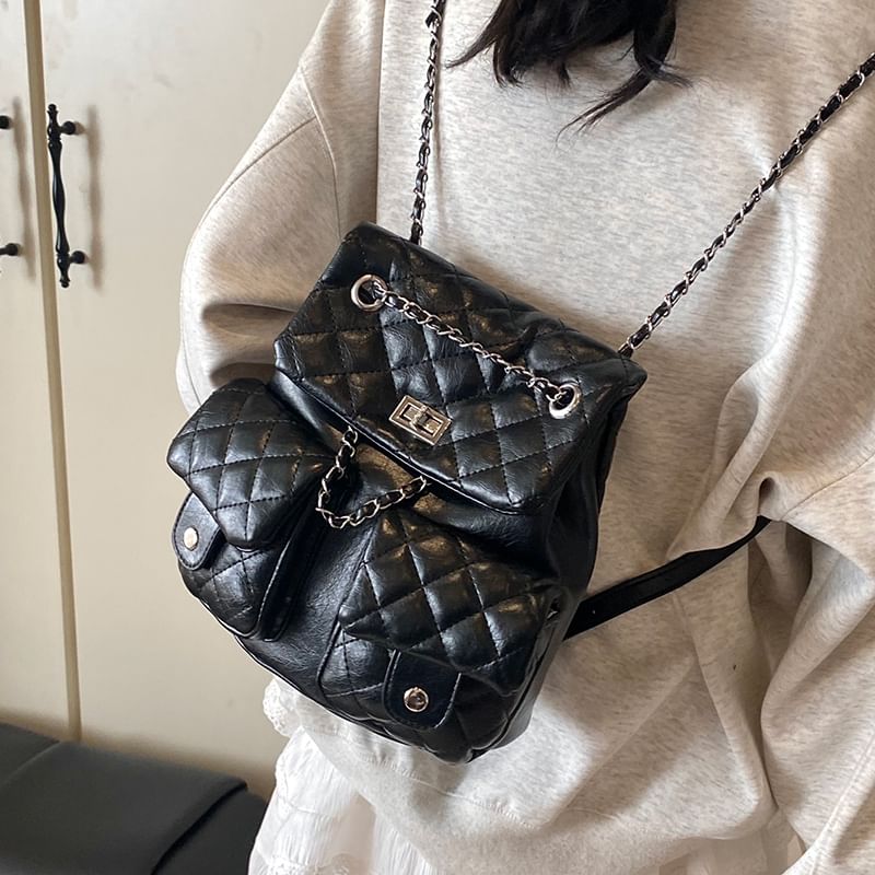 Faux Leather Strap Chain Backpack Quilted