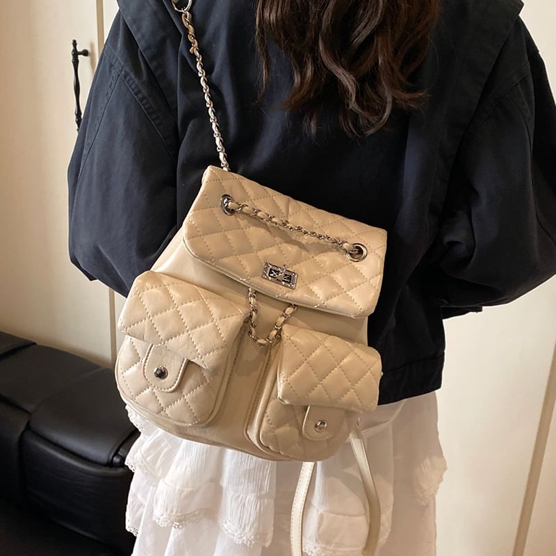 Faux Leather Strap Chain Backpack Quilted