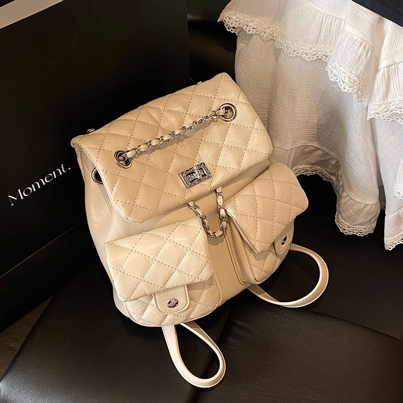 Faux Leather Strap Chain Backpack Quilted