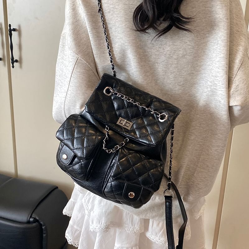 Faux Leather Strap Chain Backpack Quilted