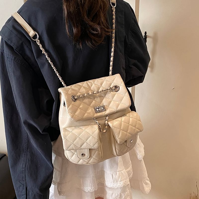 Faux Leather Strap Chain Backpack Quilted