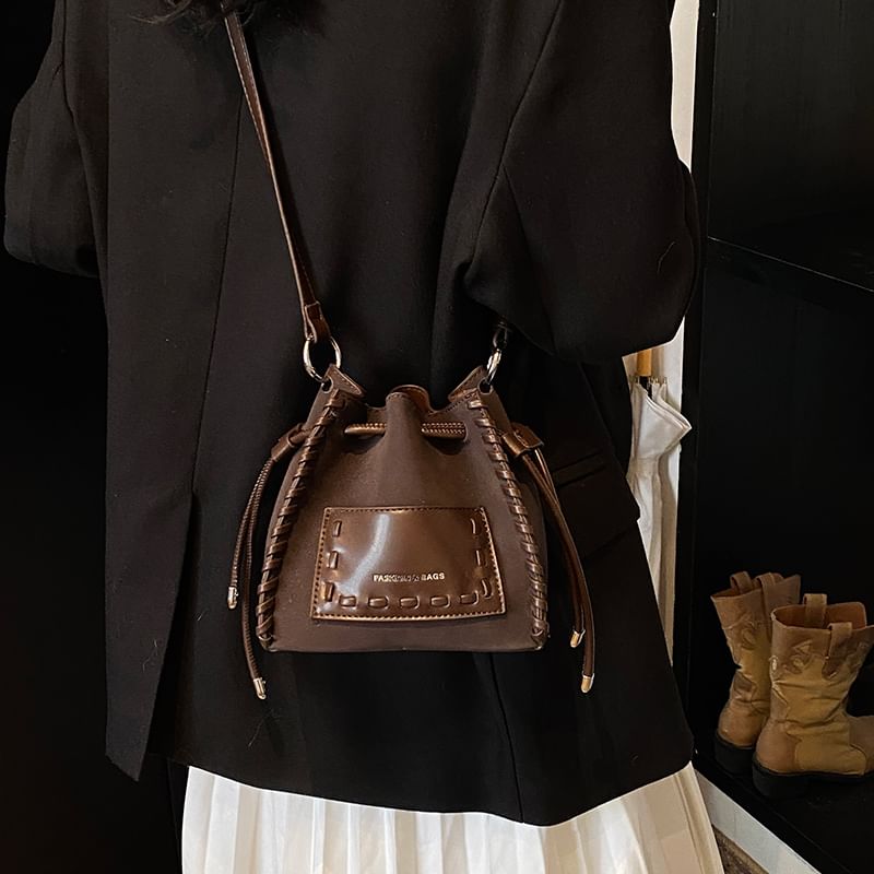 Applique Bucket Leather Bag Drawstring Faux