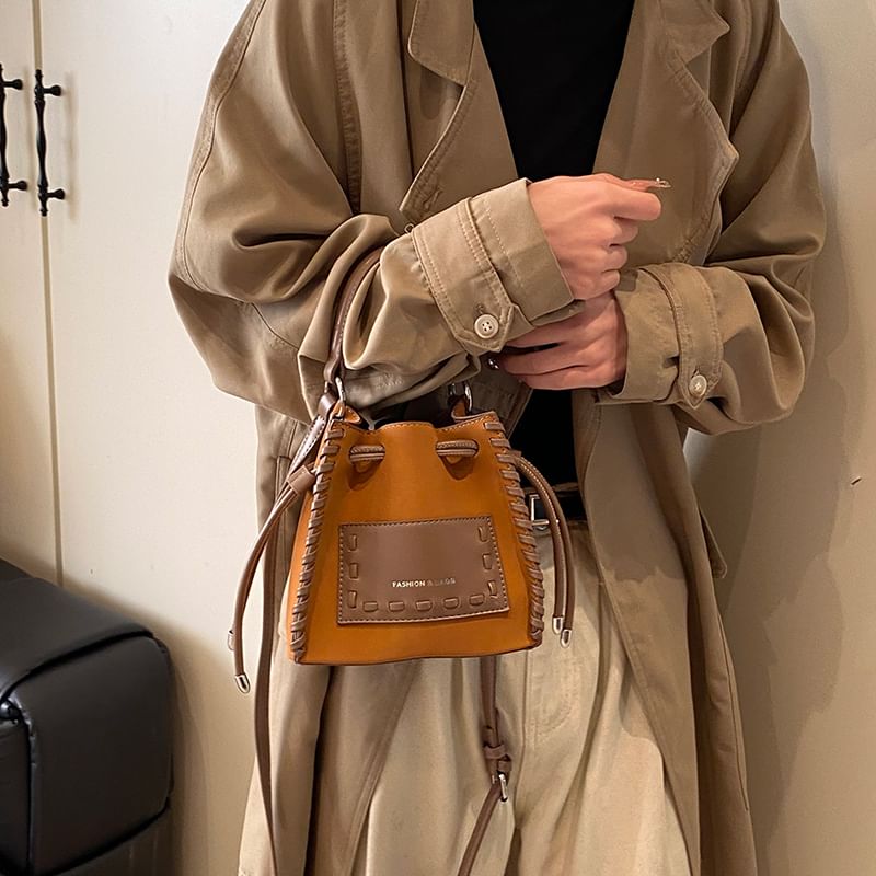 Applique Bucket Leather Bag Drawstring Faux