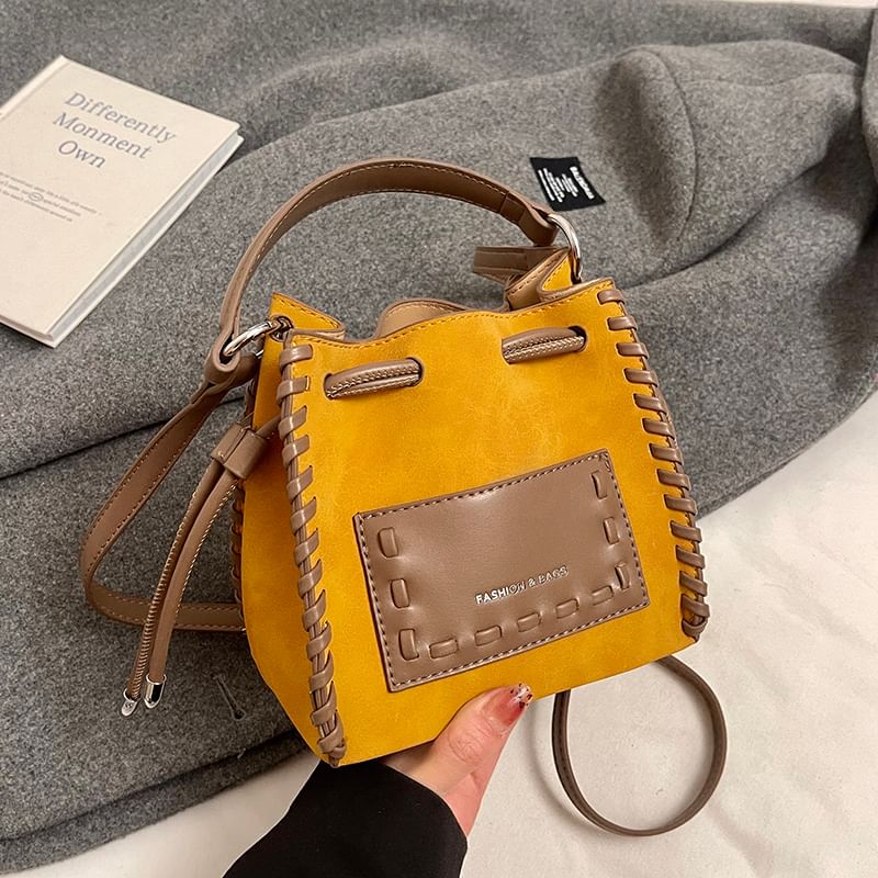 Applique Bucket Leather Bag Drawstring Faux