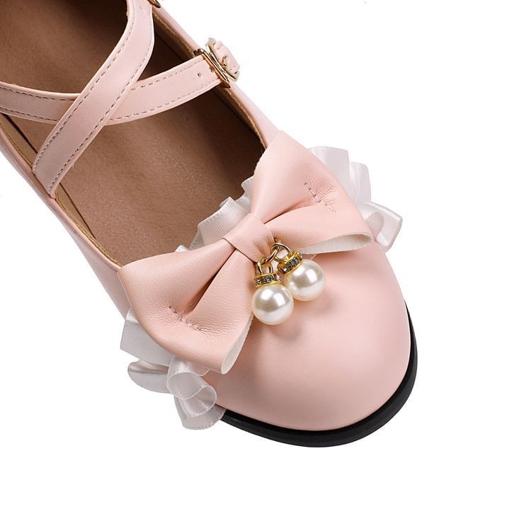 Ankle Trim Pearl Frill Chunky Heel Pumps Faux Jane Bow Mary Strap