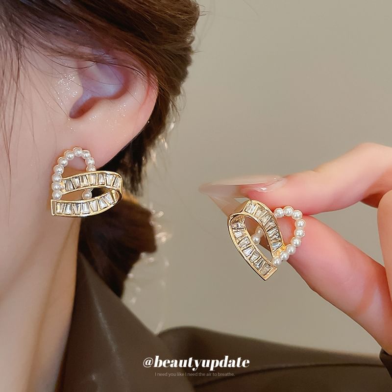 Stud Ear Hoop Pearl Faux / Earring Heart Rhinestone