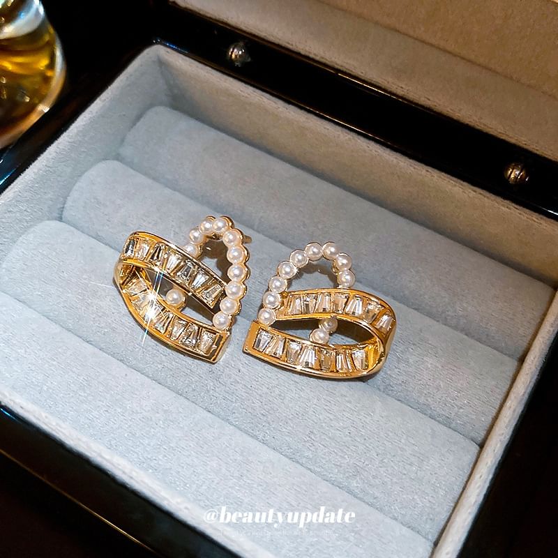 Stud Ear Hoop Pearl Faux / Earring Heart Rhinestone