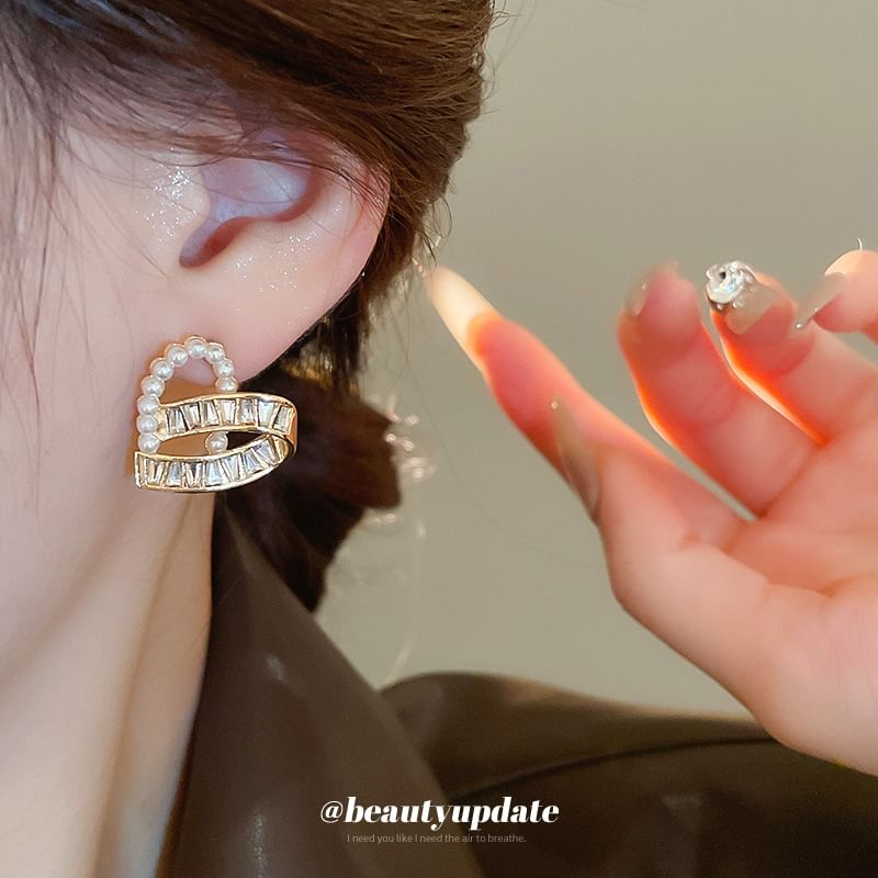 Stud Ear Hoop Pearl Faux / Earring Heart Rhinestone
