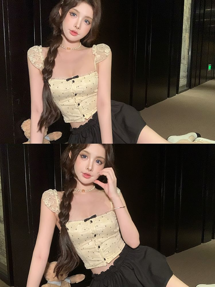 Floral Top Camisole Bow Cropped Lace