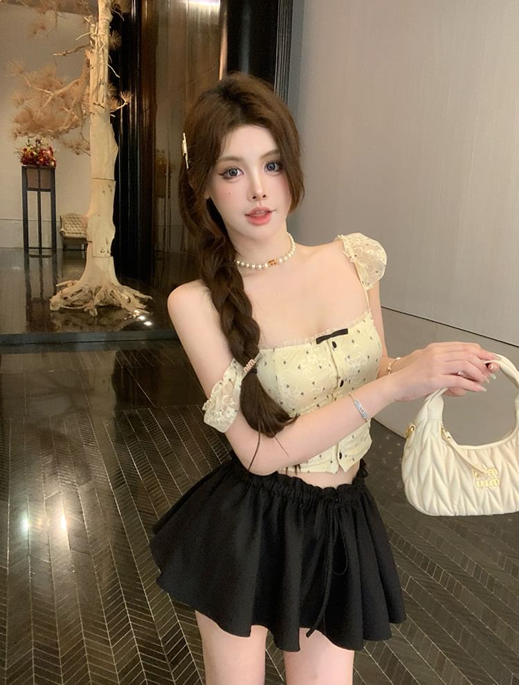 Floral Top Camisole Bow Cropped Lace