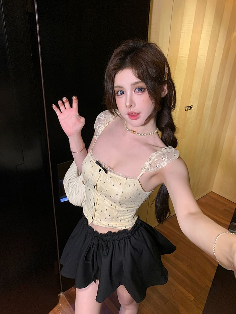 Floral Top Camisole Bow Cropped Lace