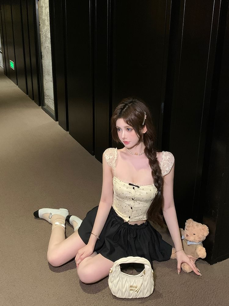 Floral Top Camisole Bow Cropped Lace