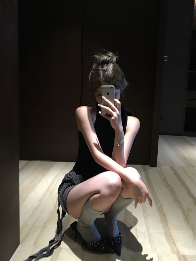 Plain / Flower Mini Pencil Low Skirt Top Mock Neck Detail Waist Halter