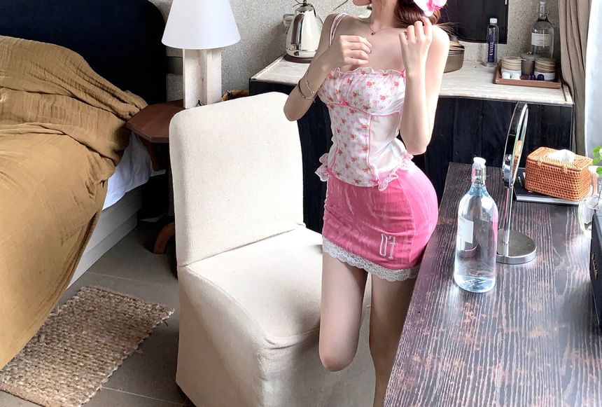 High Floral Rise Pencil Top Mini Ruffle Skirt Mest Patterned Trim / Print Bow Lace Camisole Panel