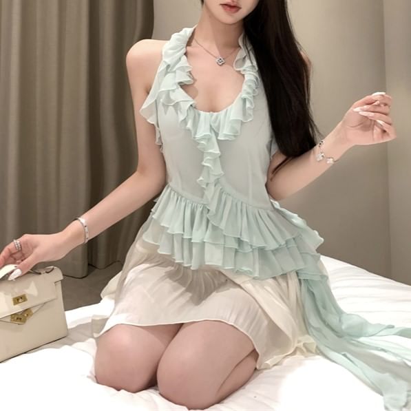 A-Line Asymmetrical Rise Neck High Scoop Top Ruffle Skirt Halter / Plain Mini