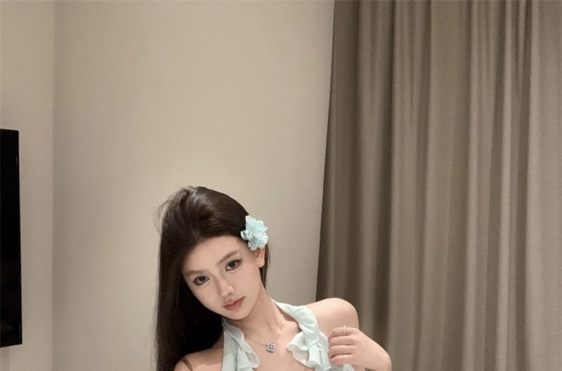 A-Line Asymmetrical Rise Neck High Scoop Top Ruffle Skirt Halter / Plain Mini