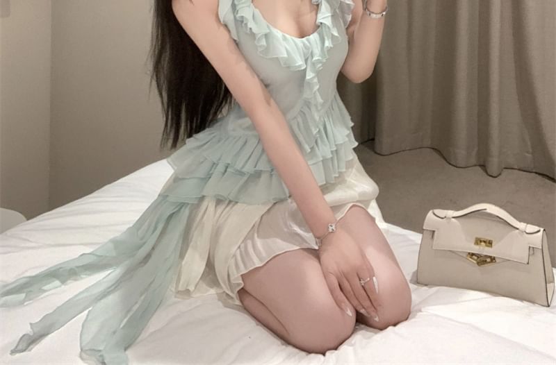 A-Line Asymmetrical Rise Neck High Scoop Top Ruffle Skirt Halter / Plain Mini