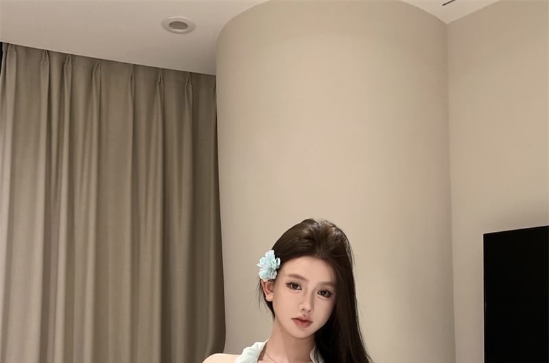 A-Line Asymmetrical Rise Neck High Scoop Top Ruffle Skirt Halter / Plain Mini