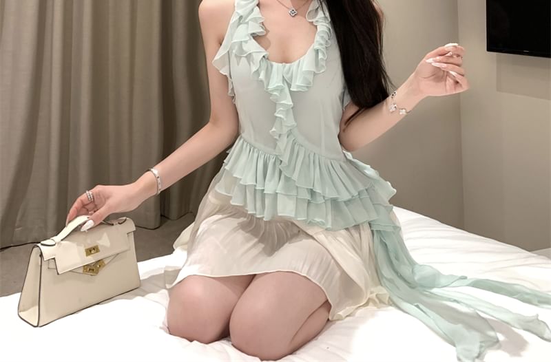 A-Line Asymmetrical Rise Neck High Scoop Top Ruffle Skirt Halter / Plain Mini