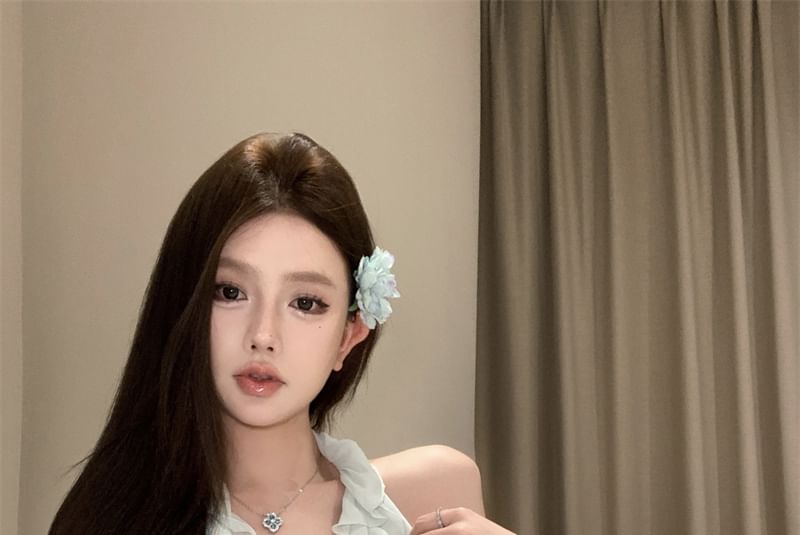 A-Line Asymmetrical Rise Neck High Scoop Top Ruffle Skirt Halter / Plain Mini