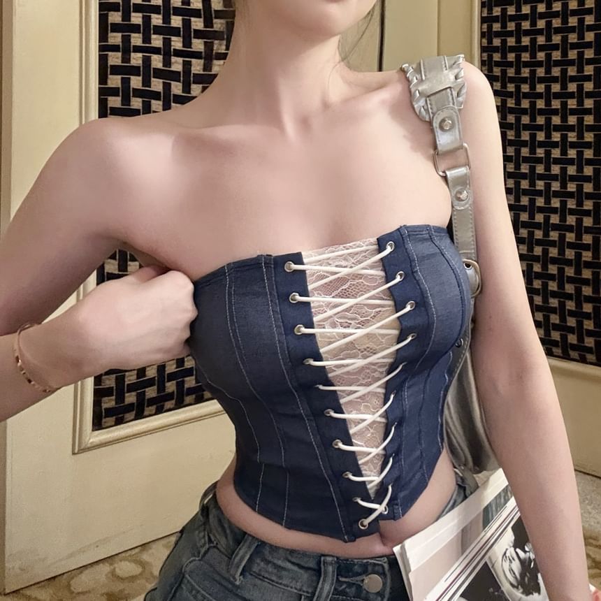 Tube Lace Striped Top Denim Lace-Up Panel