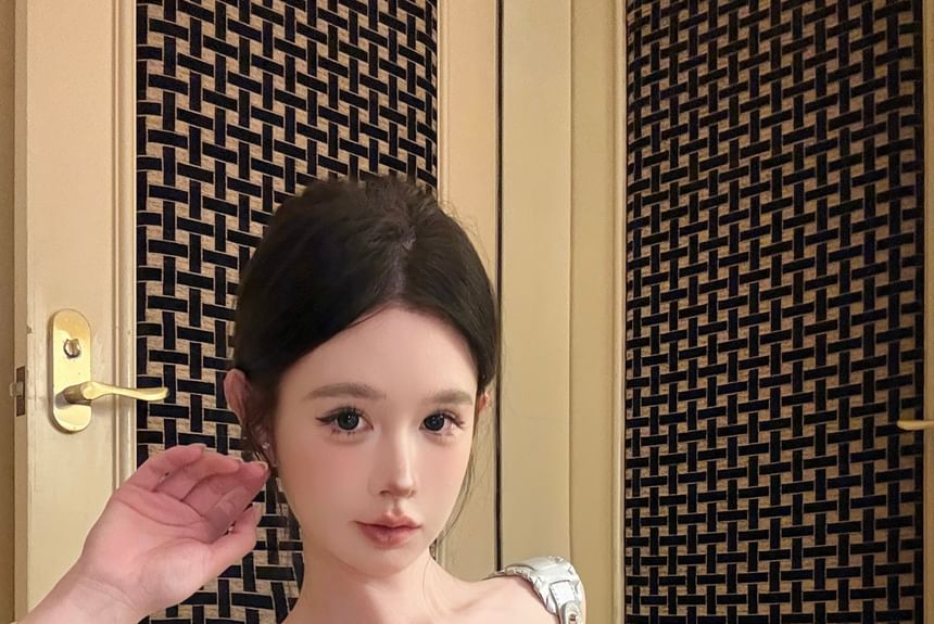 Tube Lace Striped Top Denim Lace-Up Panel