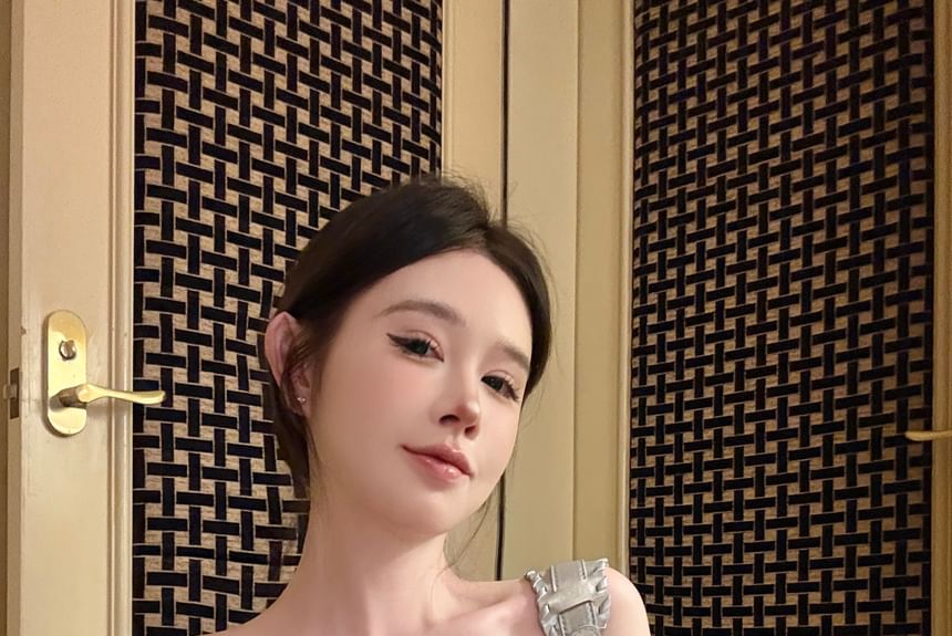 Tube Lace Striped Top Denim Lace-Up Panel