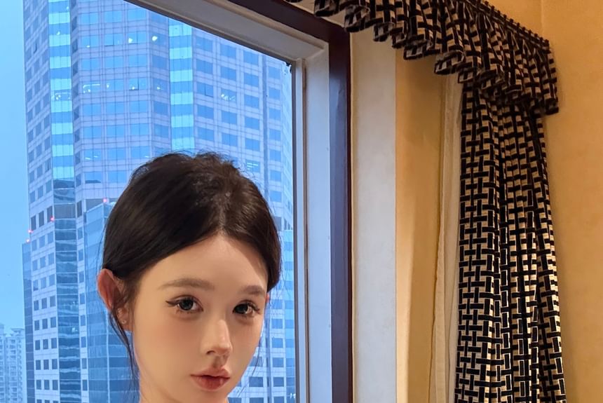 Tube Lace Striped Top Denim Lace-Up Panel