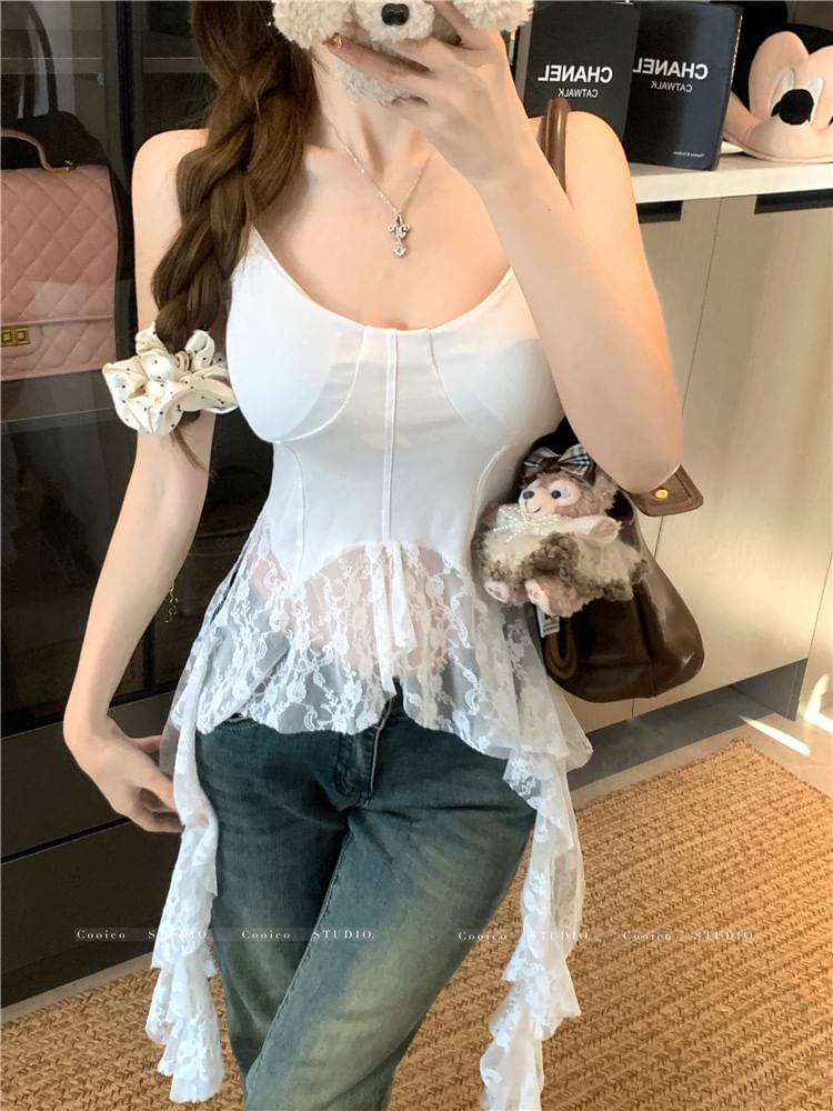 Top Asymmetrical Camisole Plain Scoop Trim Lace Neck