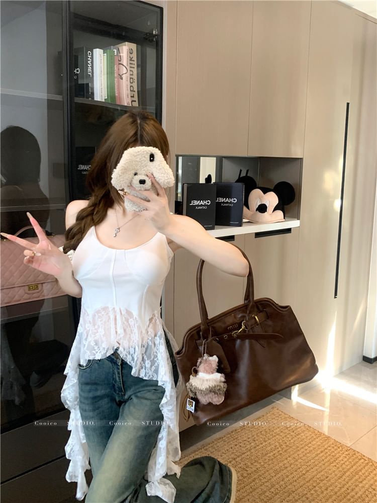 Top Asymmetrical Camisole Plain Scoop Trim Lace Neck