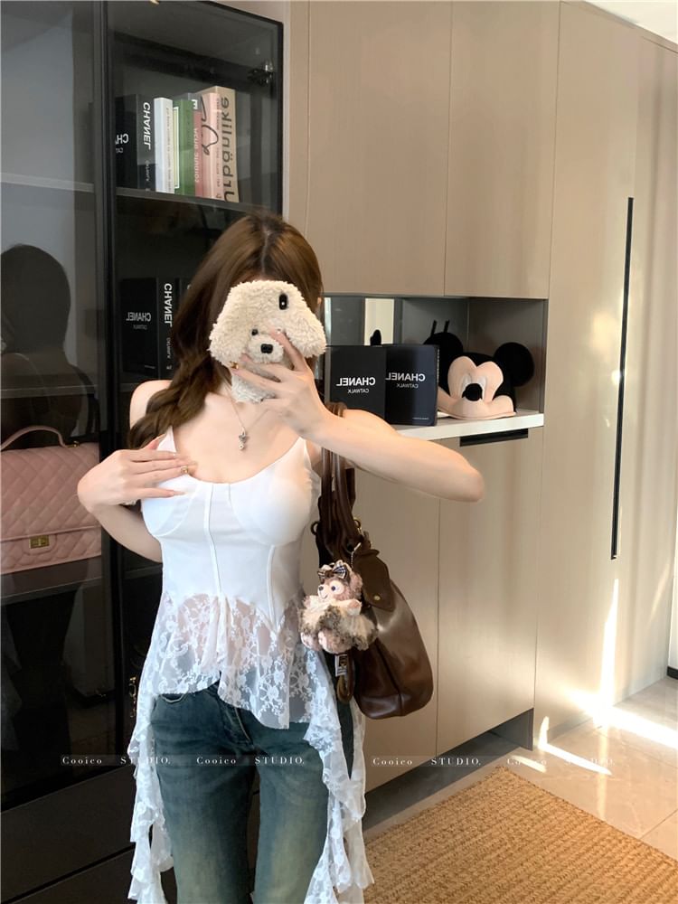 Top Asymmetrical Camisole Plain Scoop Trim Lace Neck