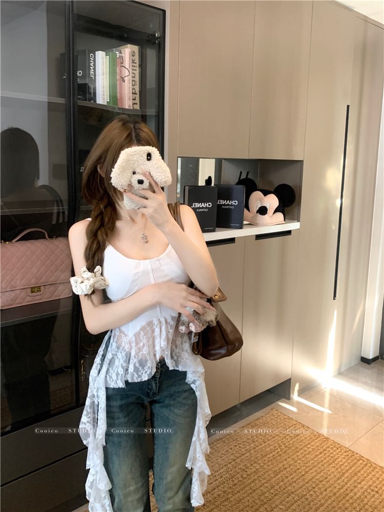 Top Asymmetrical Camisole Plain Scoop Trim Lace Neck