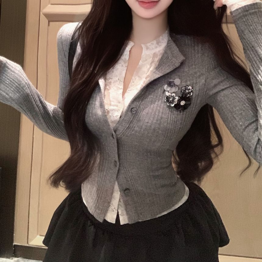 Plain Slim Trim Cardigan Ribbed Lace Fit Two-Piece Mock