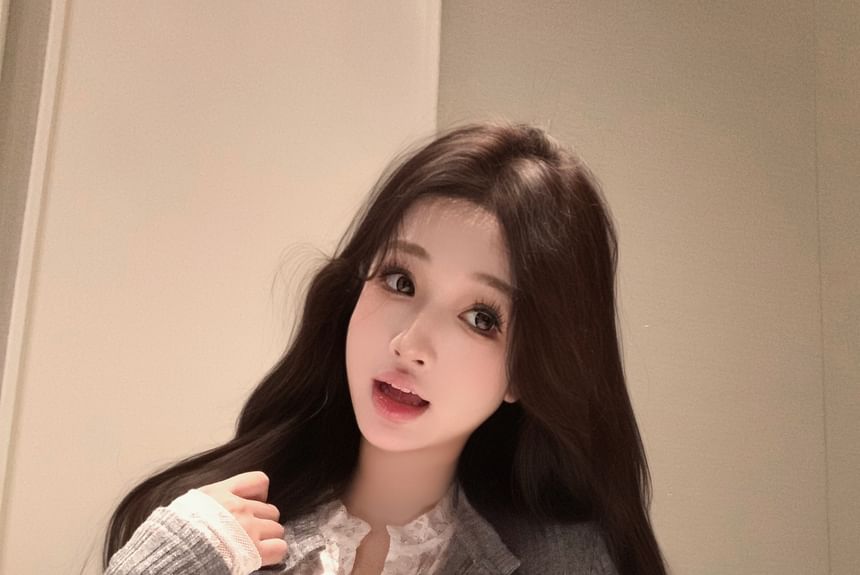 Plain Slim Trim Cardigan Ribbed Lace Fit Two-Piece Mock