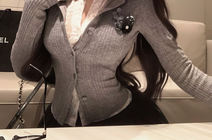 Plain Slim Trim Cardigan Ribbed Lace Fit Two-Piece Mock