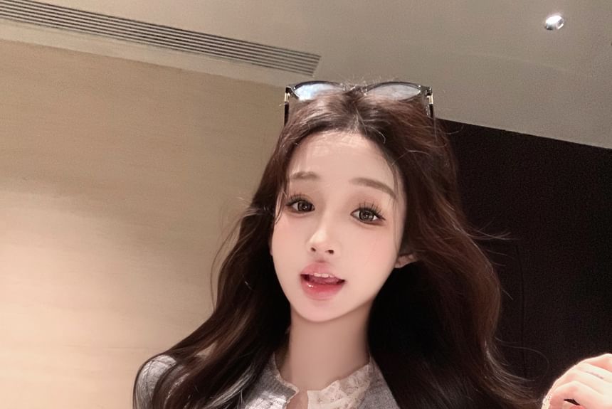 Plain Slim Trim Cardigan Ribbed Lace Fit Two-Piece Mock